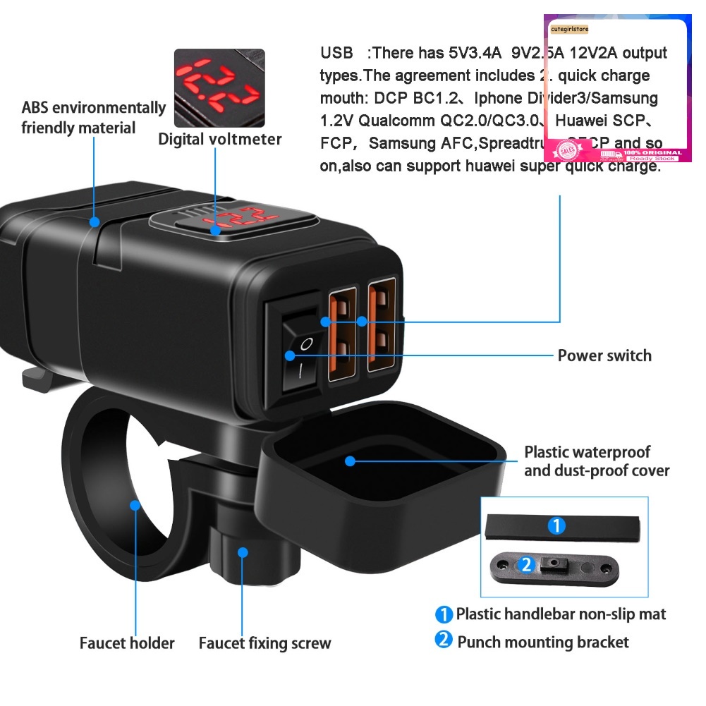 Cốc Sạc Nhanh QC3.0 Hai Cổng USB Có Vôn Kế Cho Xe Máy
