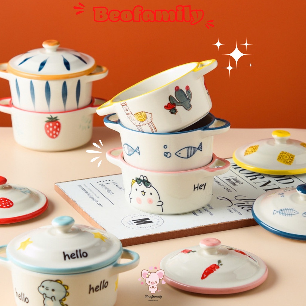 Bát Ăn Dặm, Bát Decor Gốm Sứ Hình Nồi Có Nắp Họa Tiết Xinh Xắn Cho Bé 250ml- Beofamily