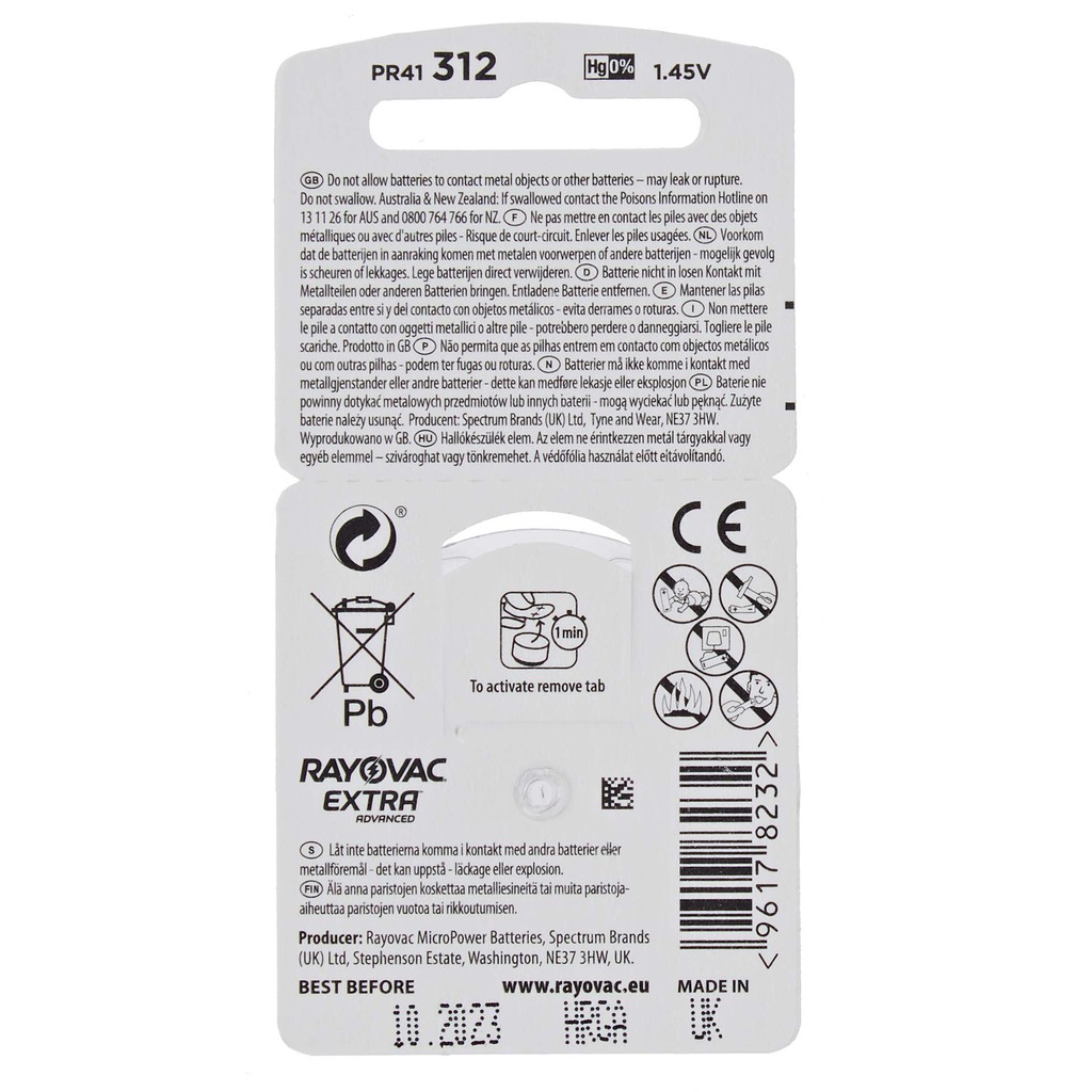 Pin Chuyên Dụng Máy Trợ Thính Máy Điếc A312 312 Rayovac Vỉ 6 Viên