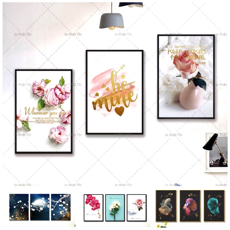 Bộ 3 tranh tranh dán tường siêu nhẹ có sẵn keo 2 mặt, nhiều kích thước, tranh số hoá