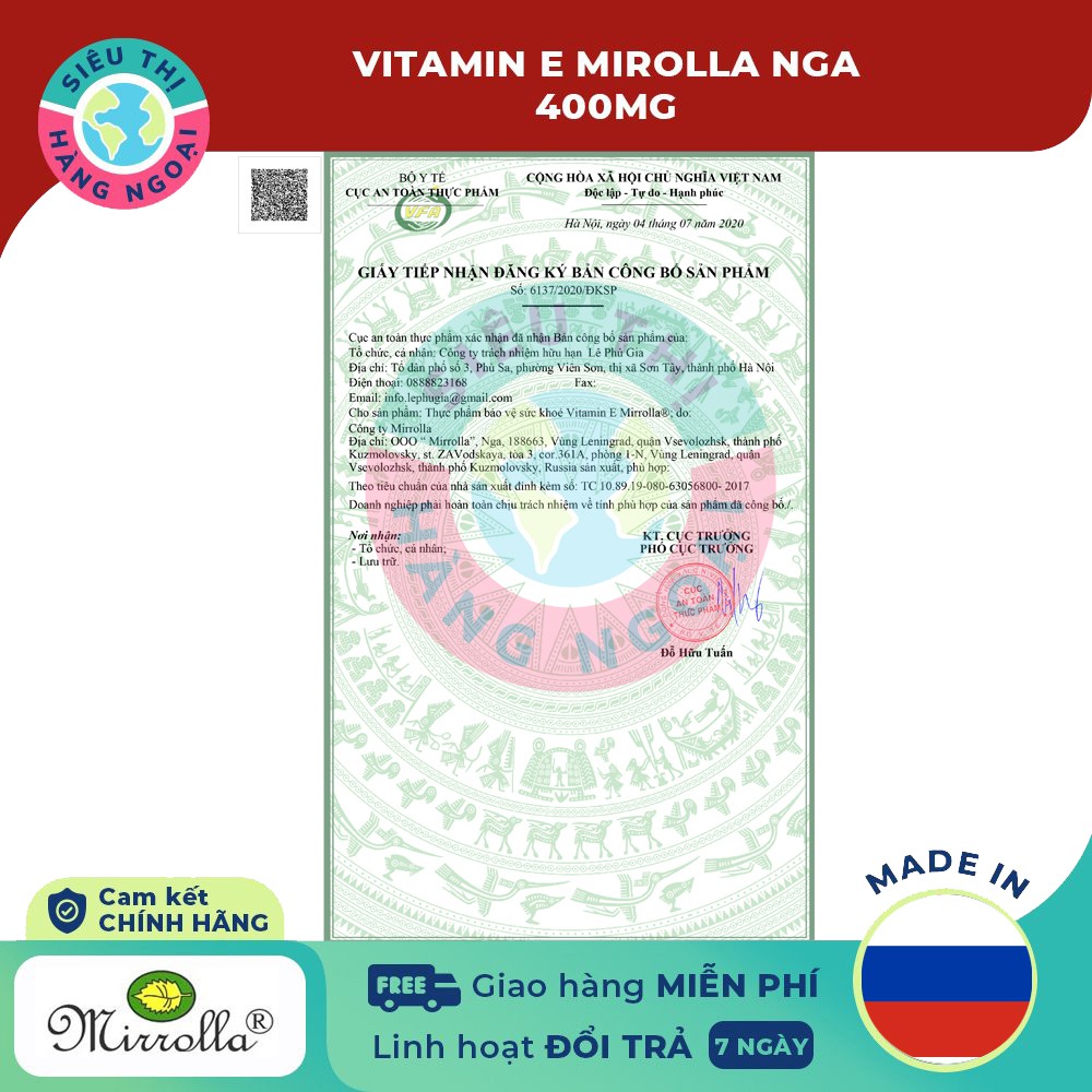 Vitamin E Đỏ Nga Mirrolla 400mg Hộp 30 Viên  [Hàm lượng vitamin E lên tới 400mg] | BigBuy360 - bigbuy360.vn
