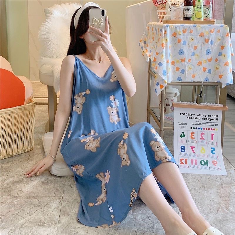 váy ngủ cotton của phụ nữ mùa xuân và mùa hè siêu dài nhỏ gợi cảm sinh viên ngọt ngào đẹp trở lại quần áo ở nhà