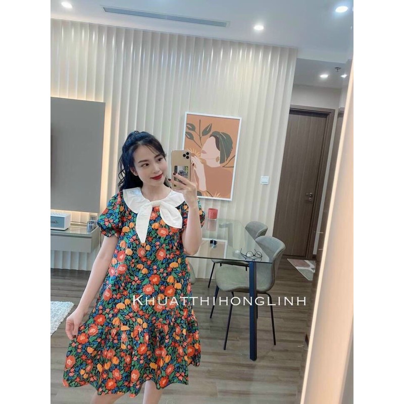 Váy hoa suông đuôi cá cổ nơ-Đầm suông hoa đuôi cá cổ nơ+video+ảnh thật OGX8