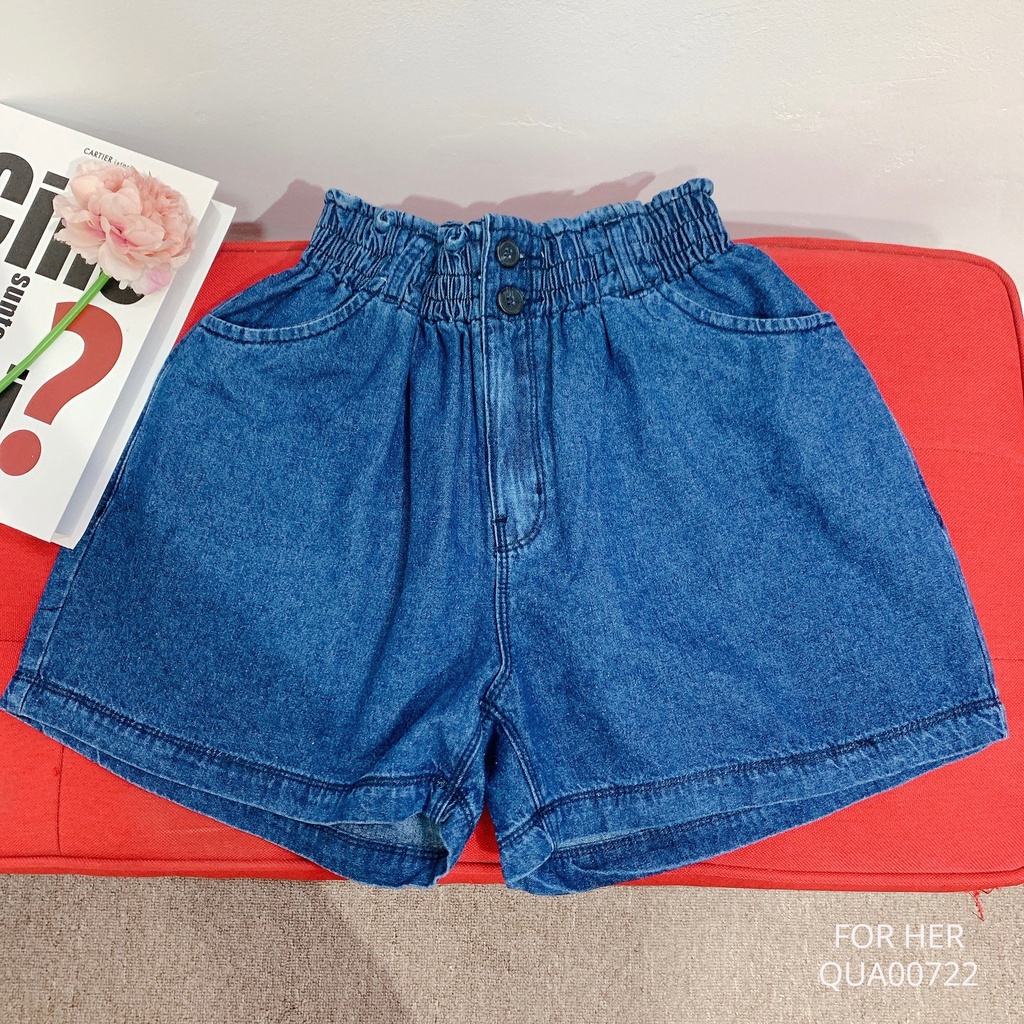 Quần short jean nữ lưng thun 2 nút cạp cao ống rộng QUA0072