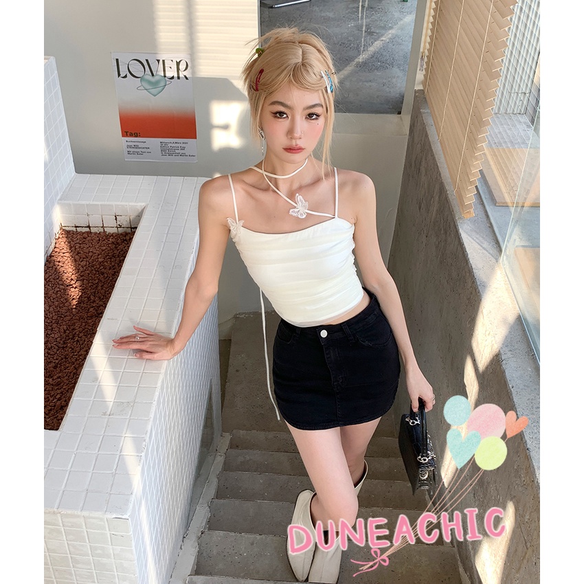 DUNEA Set Áo Tank Top Hai Dây Xếp Ly Họa Tiết Bướm Và Chân Váy Đen Thời Trang Cho Nữ