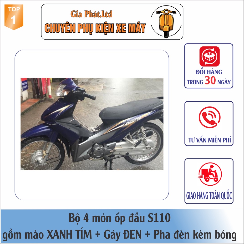 Combo ốp đầu Wave S110  gồm MÀO XANH TÍM + GÁY ĐEN + và Pha đèn kèm bóng
