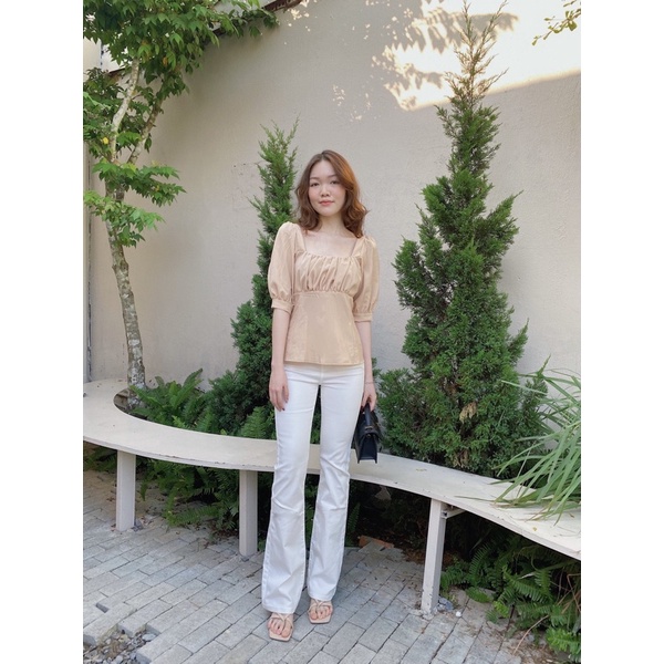 Quần jean ống loe lưng cao trắng LUCETFASHION High waisted  jean