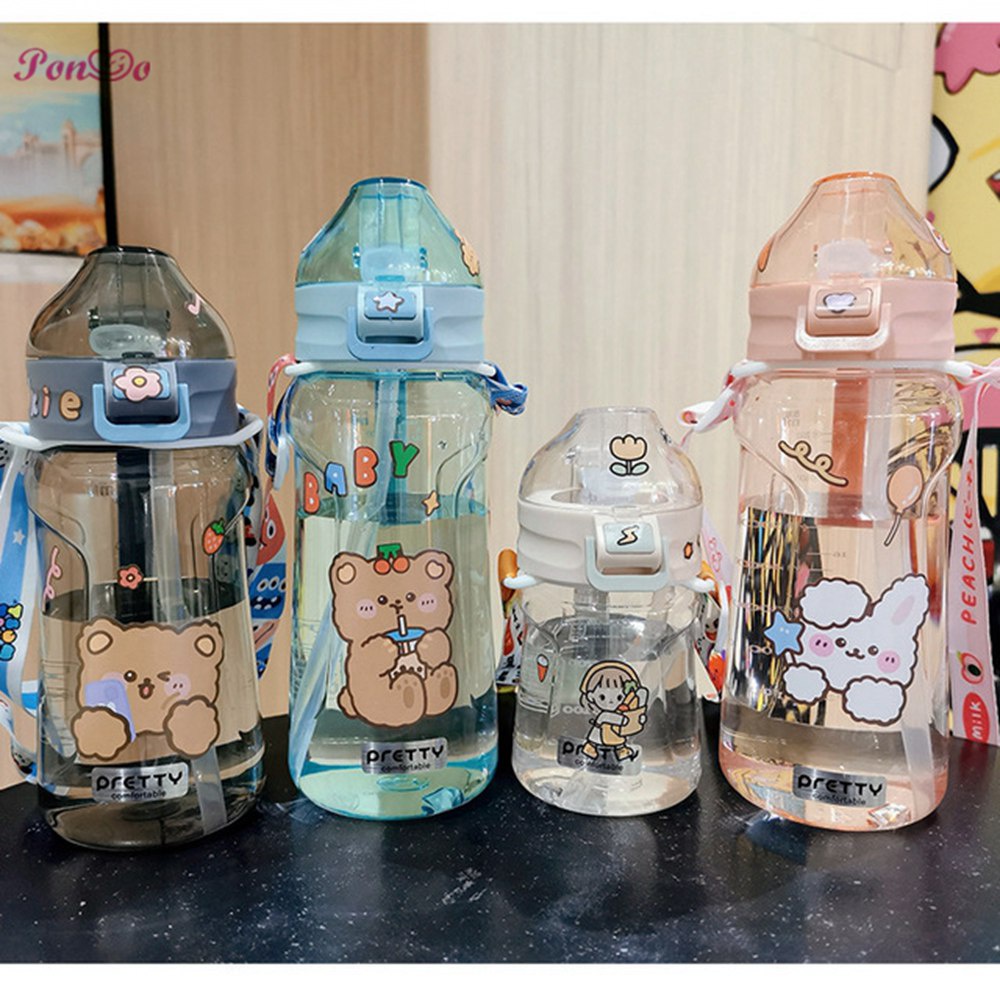 Bình Nước 350ml - 1100ml Có Ống Hút Và Dây Đeo Hình Thỏ Gấu Dễ Thương Cho Bé