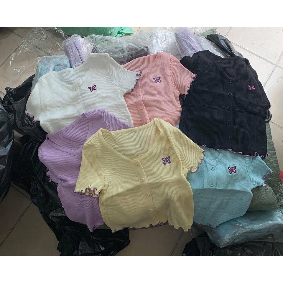 [HÀNG SẴN] Áo croptop len gân ngực thêu bướm xinh nhiều màu (ảnh thật cuối)