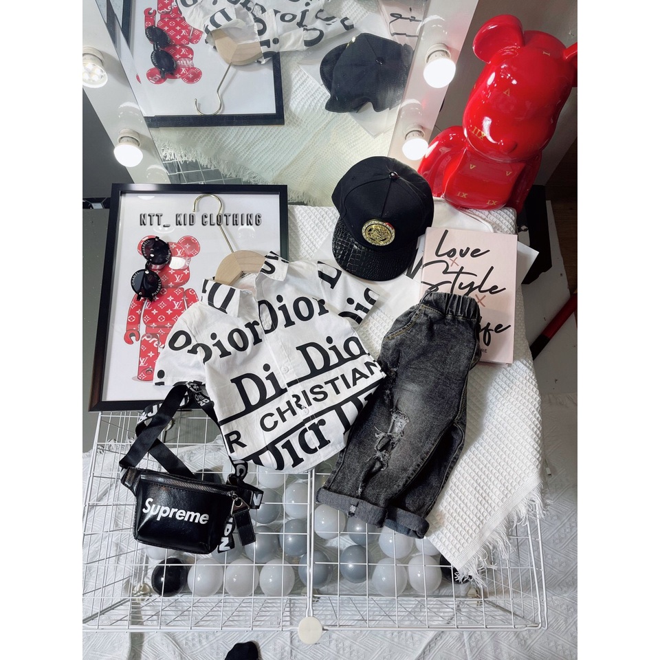 Set công tử với áo sơ mi và quần jean rách cho bé trai từ 12-26kg