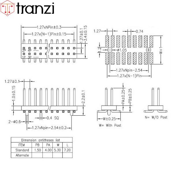 Giăm dán SMD 1.27mm đôi đực thẳng 2x40P 4mm đen chân đồng - túi 2 cái - túi  2 cái