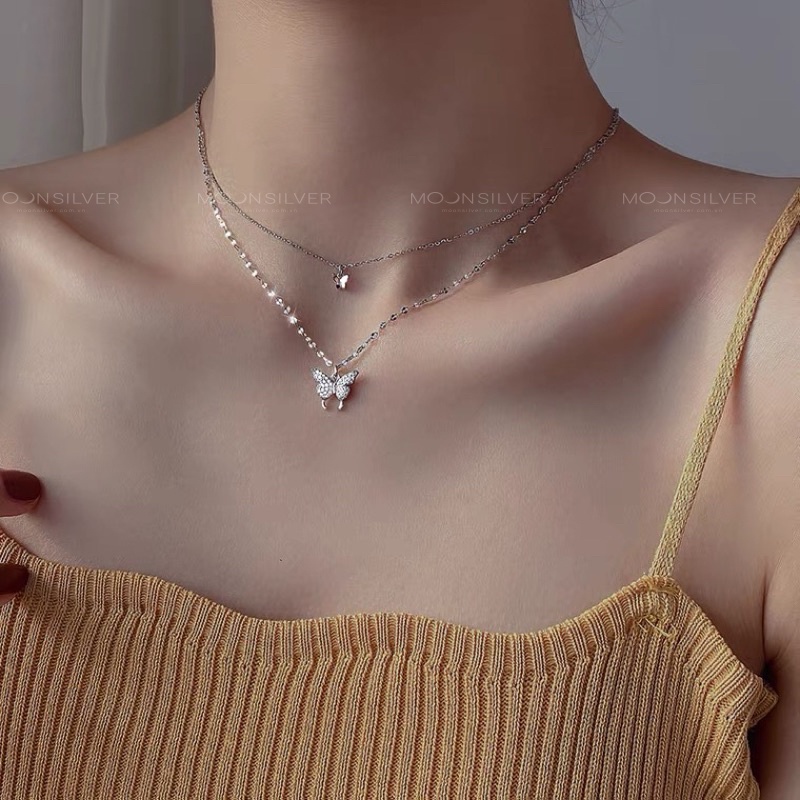 Dây chuyền bạc nữ Moonsilver, vòng cổ bạc nữ dây kép mặt bươm bướm hồ điệp đính đá sang chảnh, độc đáo, nữ tính s925