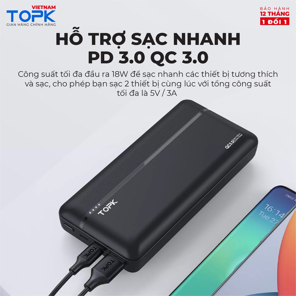 Sạc dự phòng 20000mAh TOPK I2015P - Sạc nhanh PD QC 3.0 18W - 2 cổng ra - Hàng chính hãng - Bảo hành 12 tháng 1 đổi 1