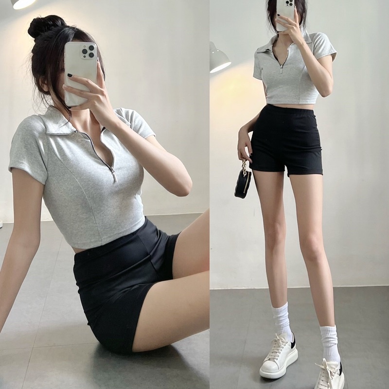 Áo Thun Croptop Polo Phối Khoá Kéo Tay Ngắn Siêu Chất