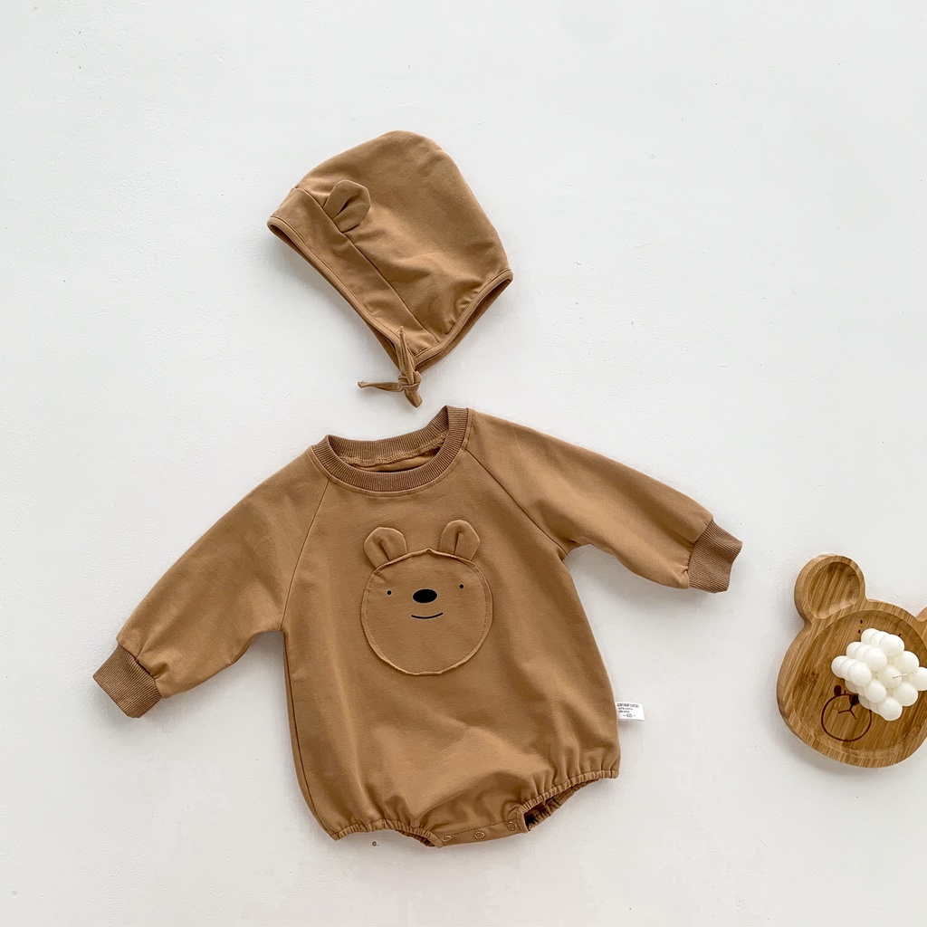 Bộ áo liền quần tay dài in hoạt hình + mũ thời trang mùa thu cho bé