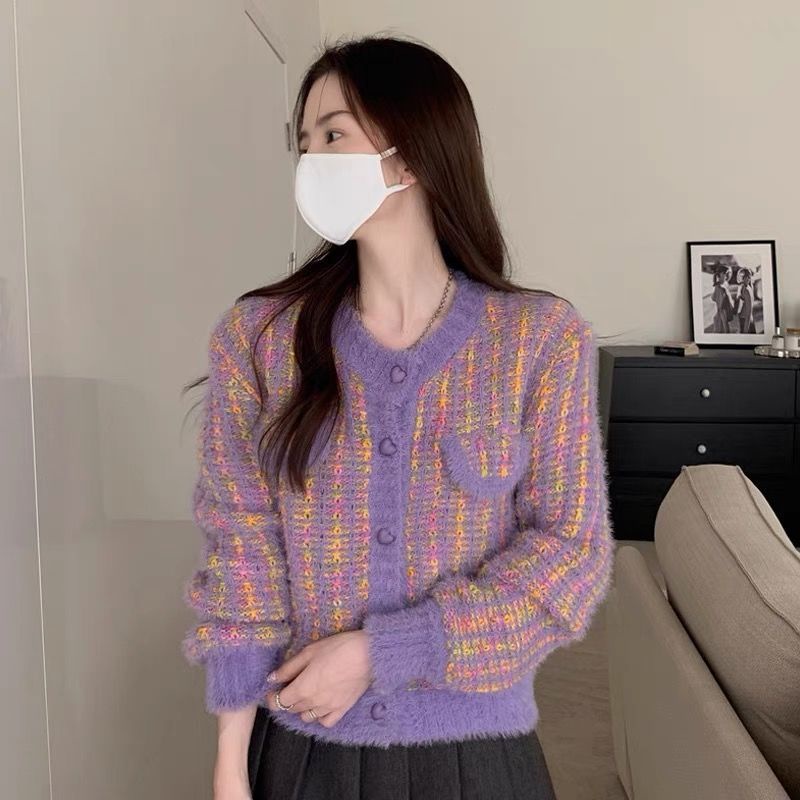 Áo Khoác Cardigan Dệt Kim Ngắn Hình Trái Tim Màu Tím Phong Cách Pháp Thời Trang Xuân Thu Mới 2022 Dành Cho Bạn Nữ