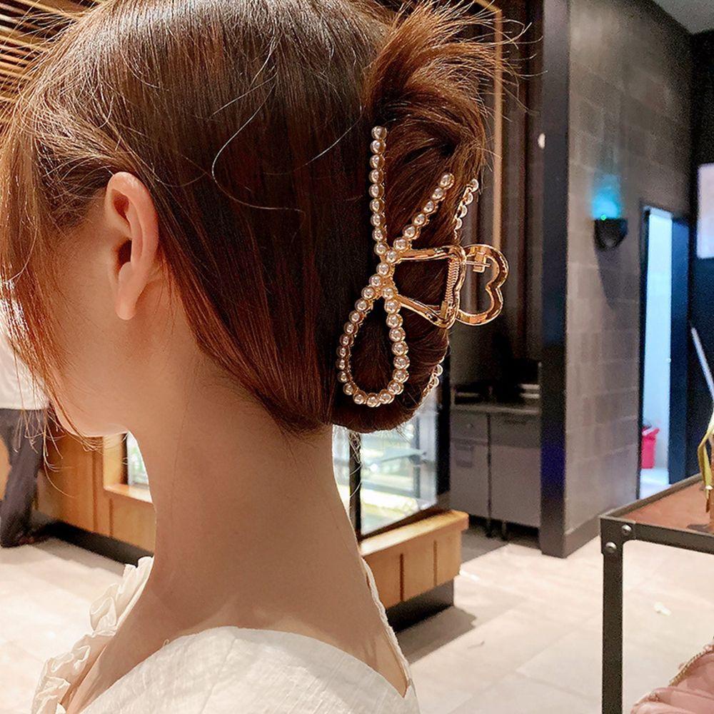 Kẹp bấu tóc hình nơ đính ngọc trai đơn giản phong cách Hàn Quốc cho nữ