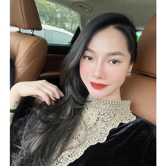 ÁO NHUNG ĐEN TAY BỒNG PHỐI REN CỔ CHO NỮ