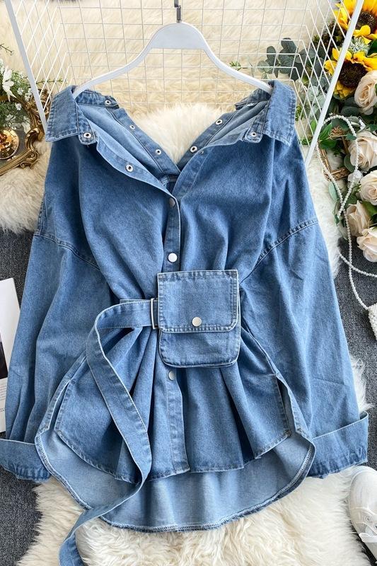 Korean Denim Shirt Female Design Niche Sense Scheming Halter Lace-up Waist Slimming Fashionable Two-wear Shirt