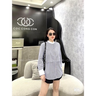 Anu197 - áo sơ mi nữ kẻ xanh cổ tàu trắng cúc đồng