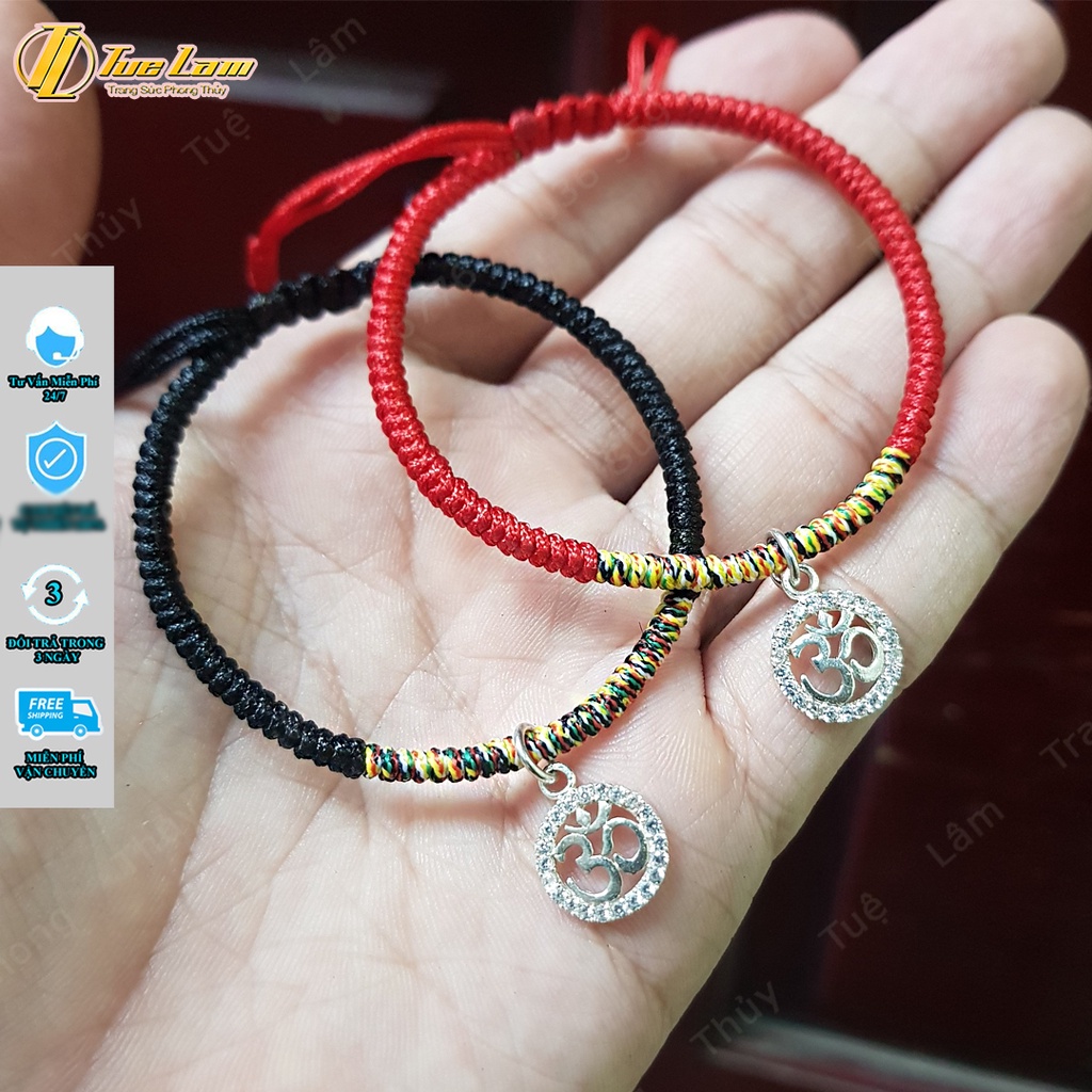 Vòng tay chỉ may mắn bện chỉ các màu mix charm bạc OM bình an - Tuệ Lâm