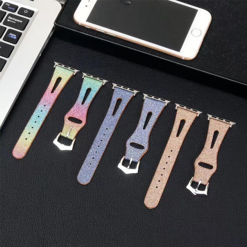 Dây Đeo Đồng Hồ Bằng Da Lấp Lánh 38mm 40mm 41mm 42mm 44mm 45mm Cho iWatch Series 7 6 5 4 3