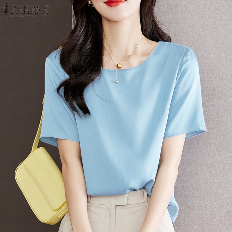 ZANZEA Áo Sơ Mi Vải Satin Tay Ngắn Cổ Tròn Màu Trơn Thời Trang Cho Nữ