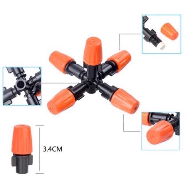 Béc phun sương 5 đầu có van áp chống nhỏ giọt dùng ống phun sương 8mm- tưới lan, tưới cây, hoa, rau.