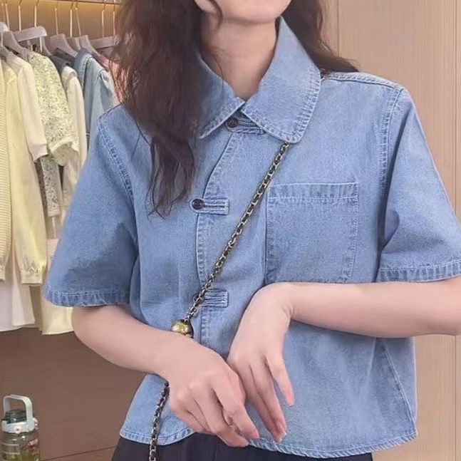 Áo Sơ Mi Denim Tay Ngắn Cổ Búp Bê Phong Cách Thời Trang Mùa Hè Mới Dành Cho Nữ