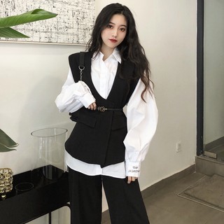 (Hàng Đẹp)Ảnh thật 4 hình cuối-HC566.Set đồ nữ áo sơ mi kèm vest gile sang chảnh