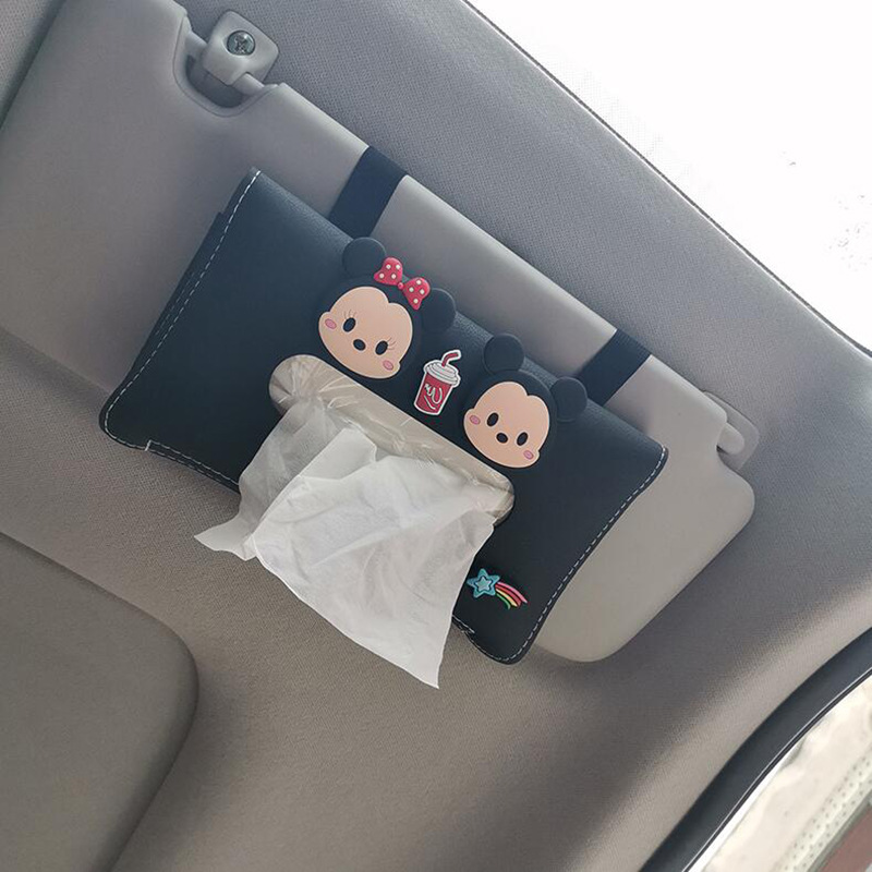 Mới! Hộp Đựng Khăn Giấy Bằng Da PU Hình Mickey Minnie Thông Dụng Gắn Tấm Che Nắng Xe Hơi