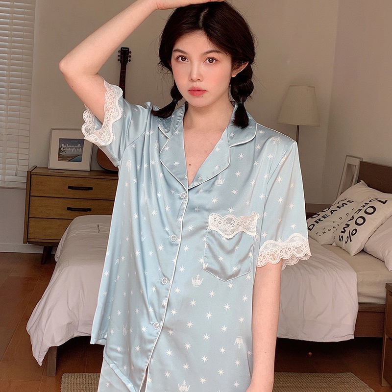 Bộ Đồ Ngủ Ngắn Tay Bằng Lụa Mát In Họa Tiết Thời Trang Dành Cho Nữ