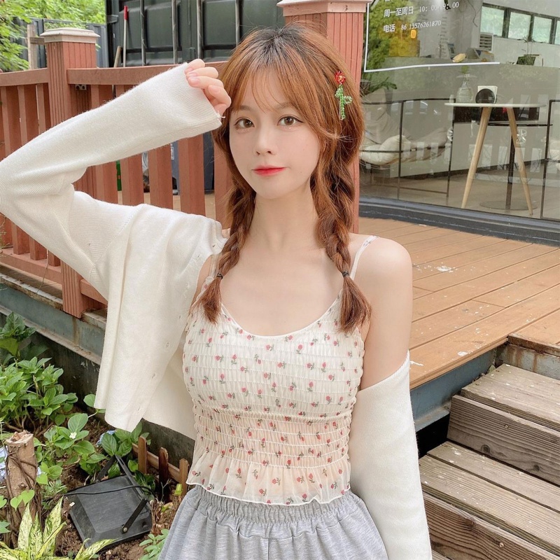 Áo Croptop Hai Dây Không Tay Cổ Chữ V Họa Tiết Hoa Có Đệm Ngực Phối Ren Slin Cho Nữ