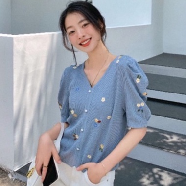 Áo Dệt Kim Cổ Chữ V Thêu Họa Tiết Phong Cách Pháp Thời Trang Mùa Hè Xinh Xắn Cho Nữ