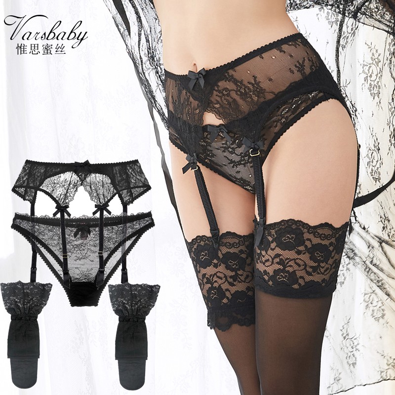 Set đai nịt quần lót và đôi vớ dài VARSBABY vải ren siêu mỏng xuyên thấu quyến rũ thời trang dành cho nữ