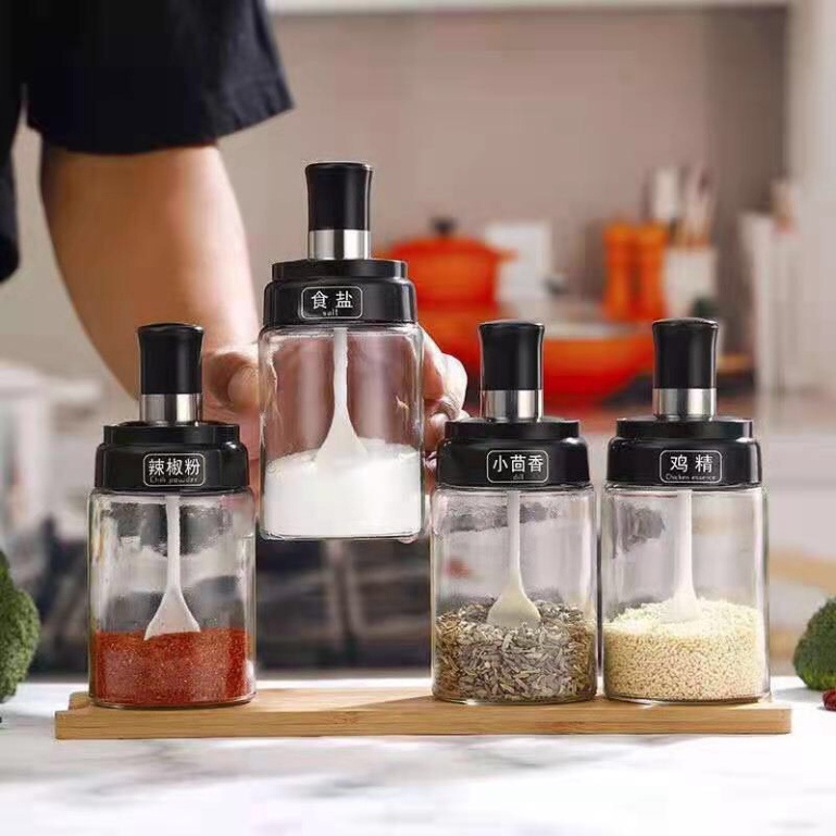 Set 4 Hũ, lọ gia vị thủy tinh nhà bếp kèm thìa set đủ loại MANGO STORE