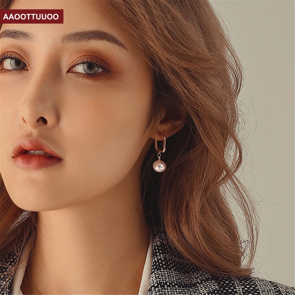 Đôi Bông Tai Hình Vuông Đính Ngọc Trai Nhân Tạo Thời Trang Cho Nữ