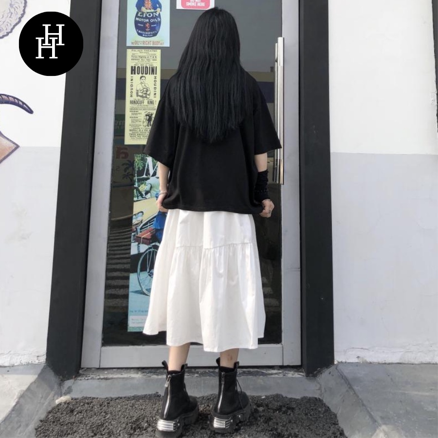 Chân váy liền tầng HCV22 lưng thun màu đen - trắng Hỉn Hỉn Store