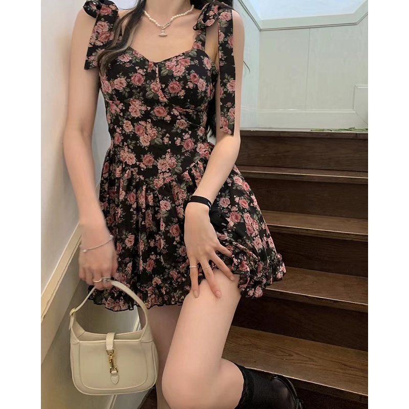 Đầm ZHELIHANGFEI hai dây dáng ngắn chiffon in họa tiết hoa nhỏ phối khóa kéo phong cách quyến rũ cao cấp thời trang
