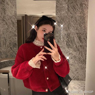 Áo khoác cardigan dáng rộng phối nút ngọc trai màu đỏ xinh xắn cho nữ