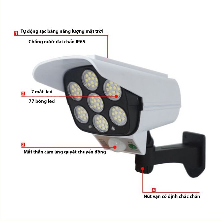 RẺ VÔ ĐỊCH - Đèn Năng Lượng Mặt Trời 2 Trong 1 Chống Thấm Nước 77 Led  Gắn Tường Giả Camera An Ninh Bảo Hành 12 Tháng