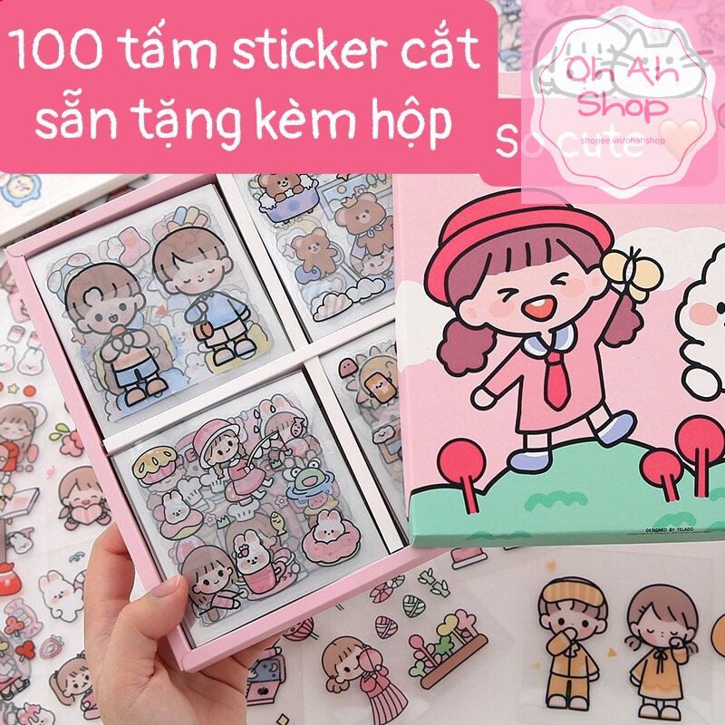 Sticker 100 tấm Hộp quà tặng 100 tấm dán hoạt hình trang trí sổ lưu niệm dễ thương Hộp Happy day