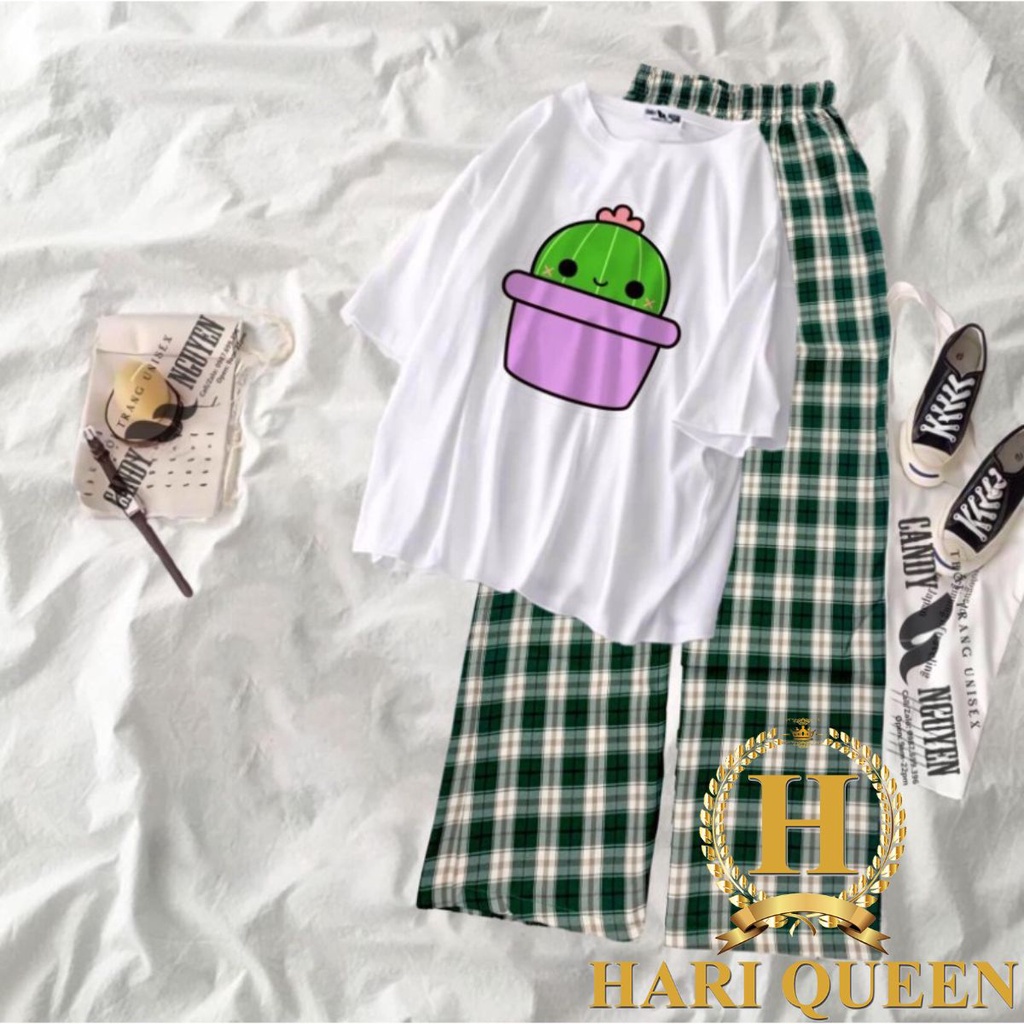Sét áo phông chậu xương rồng + quần kẻ HARIQUEEN