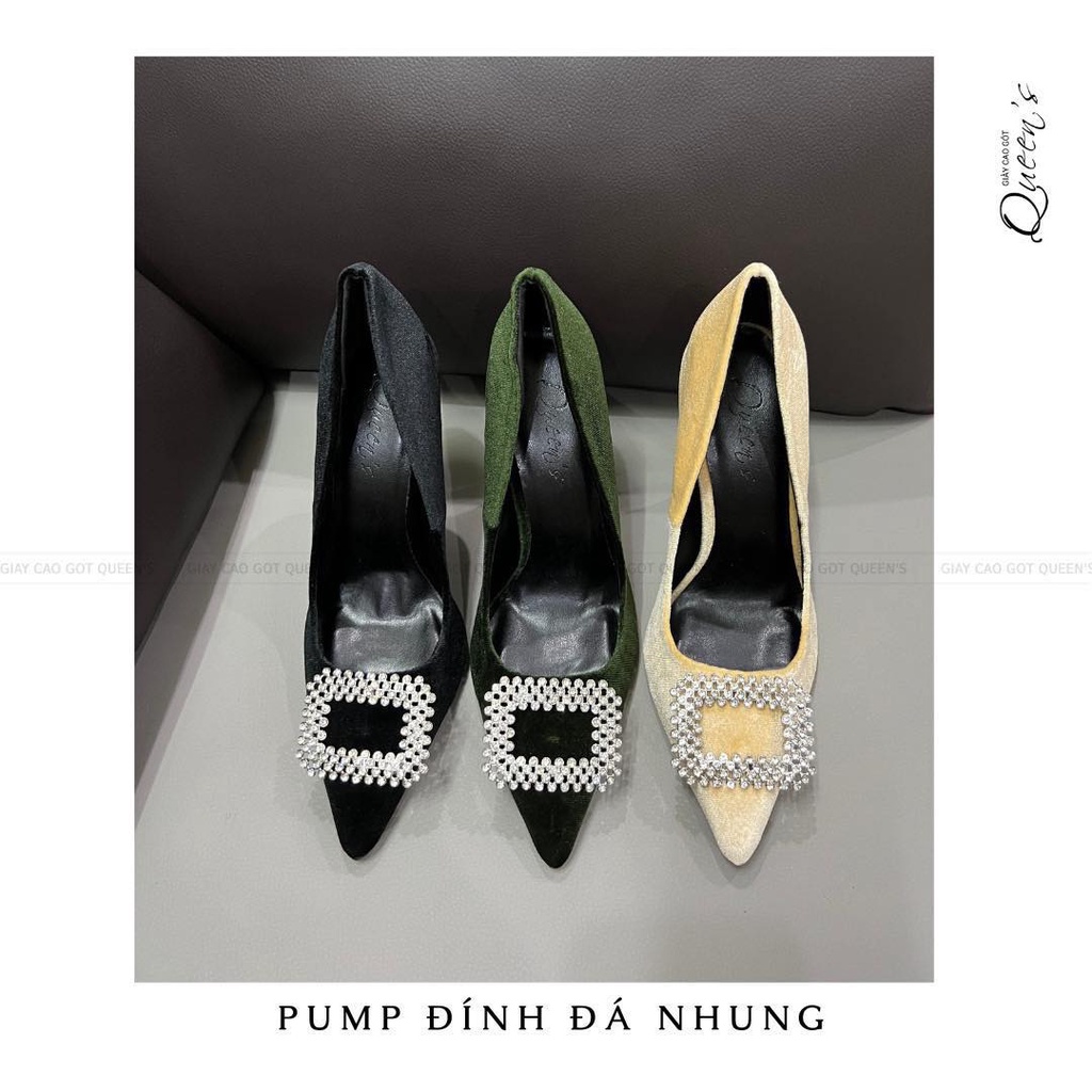 Giày Cao Gót Nữ Màu Đen Nhung Đính Đá Hoa Dạng Pump Mũi Nhọn Gót Nhọn Êm Ái Sang Trọng Cho Nữ Dự Tiệc Cao 9-11 Phân