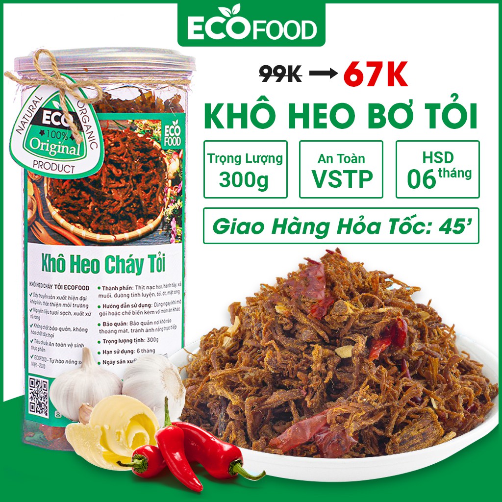 Heo khô cháy tỏi ecofood hũ 300G, lợn khô thơm ngon an toàn vệ sinh thực phẩm
