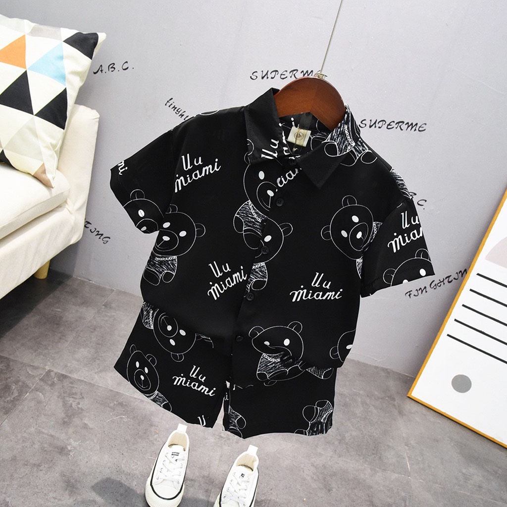 Bộ Ngủ Lụa Cộc Tay Cho Bé In Hình Gấu Bông, Đồ bộ Pijama bé trai bé gái mặc đều xinh từ 7-27kg - LILA KIDS