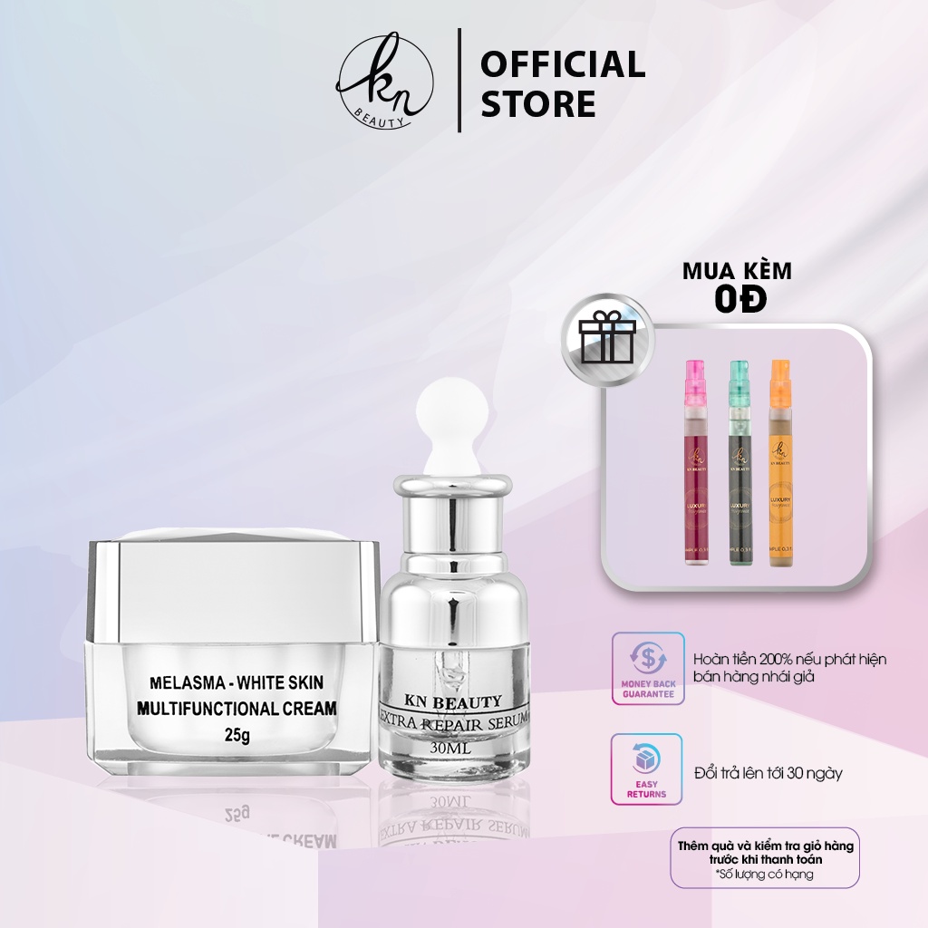 Bộ 2 sản phẩm Trắng Da Ngừa Nám KN Beauty chuyên sâu: Kem dưỡng 25g + Serum 30ml tặng nước hoa mini