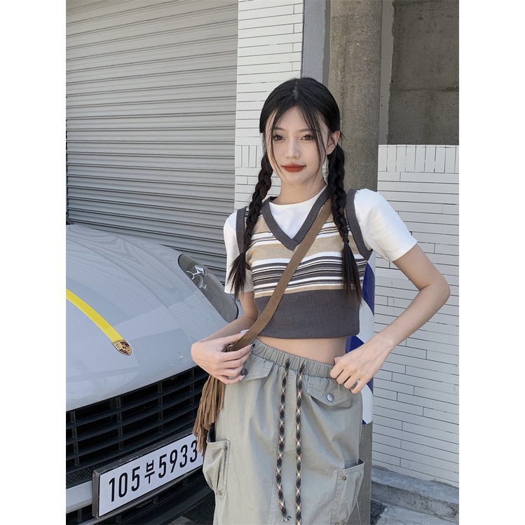 HUANG YOYO Áo Dệt Kim Hai Lớp Họa Tiết Kẻ Sọc Màu Tương Phản Thời Trang Hàn Quốc Dễ Phối Đồ