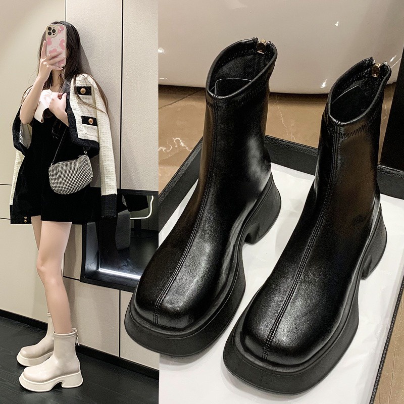 Y01 - BEST SHOP - BỐT NỮ ĐẾ MÓC CÂU, bốt lửng đế 5cm siu xinh- sẵn hàng 2 màu đen và kem