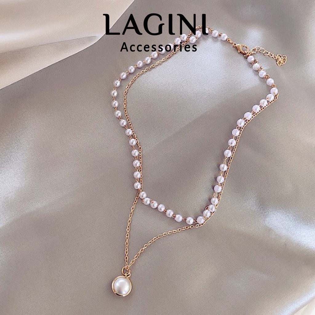 Dây chuyền vòng cổ Lagini hai lớp đính ngọc trai nhân tạo Hàn Quốc cho nữ